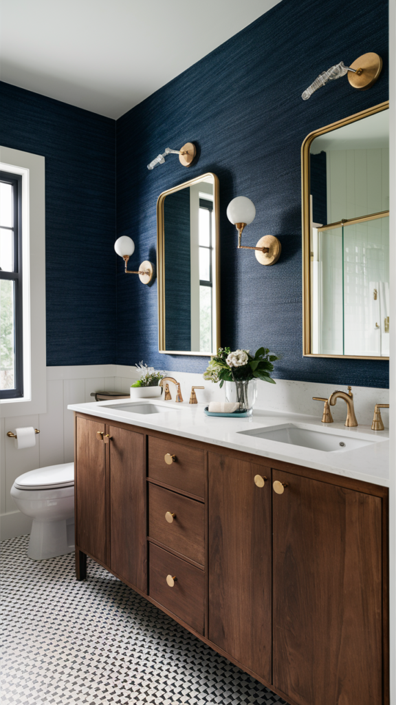 Bathroom with a bold navy blue accent wall