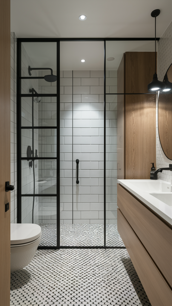 Modern bathroom with matte black fixtures and bold accents