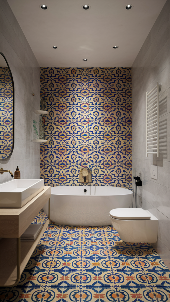 Bathroom featuring bold Moroccan-style patterned tile