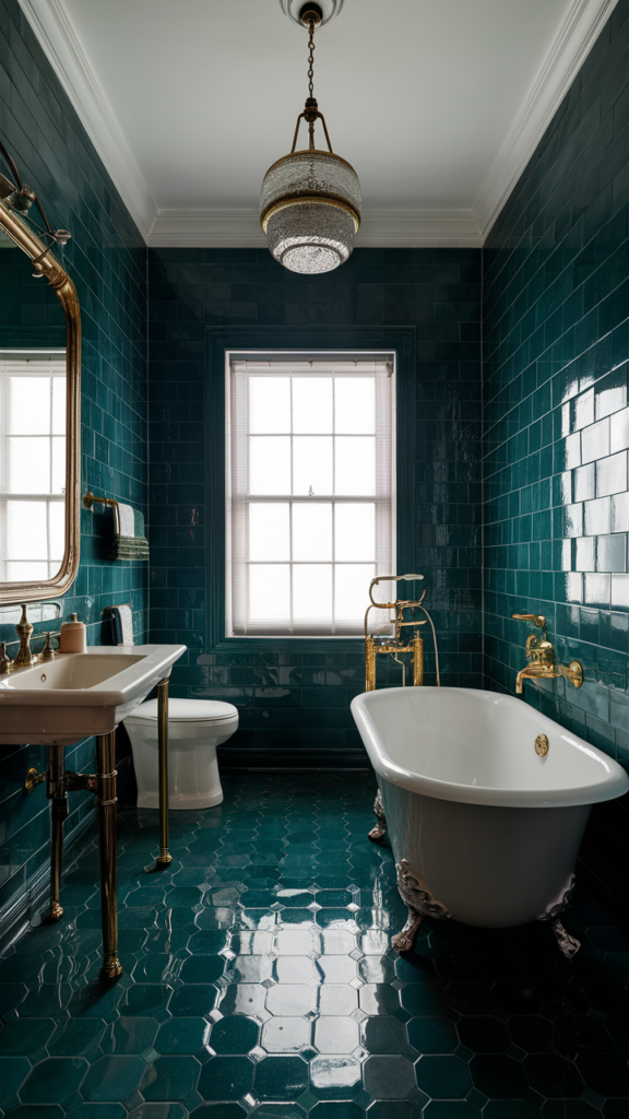Dramatic bathroom with glossy floor-to-ceiling tile for a luxe look