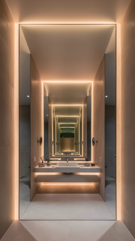 Stunning contemporary bathroom design with a frameless mirror