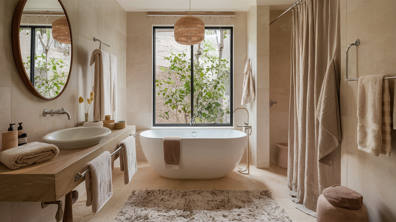 Luxurious bathroom with plush oversized towels and elegant styling