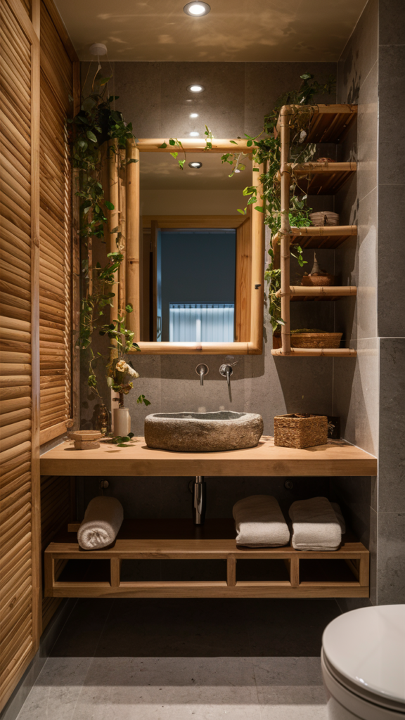 Serene bathroom with a wooden vanity bringing nature inside