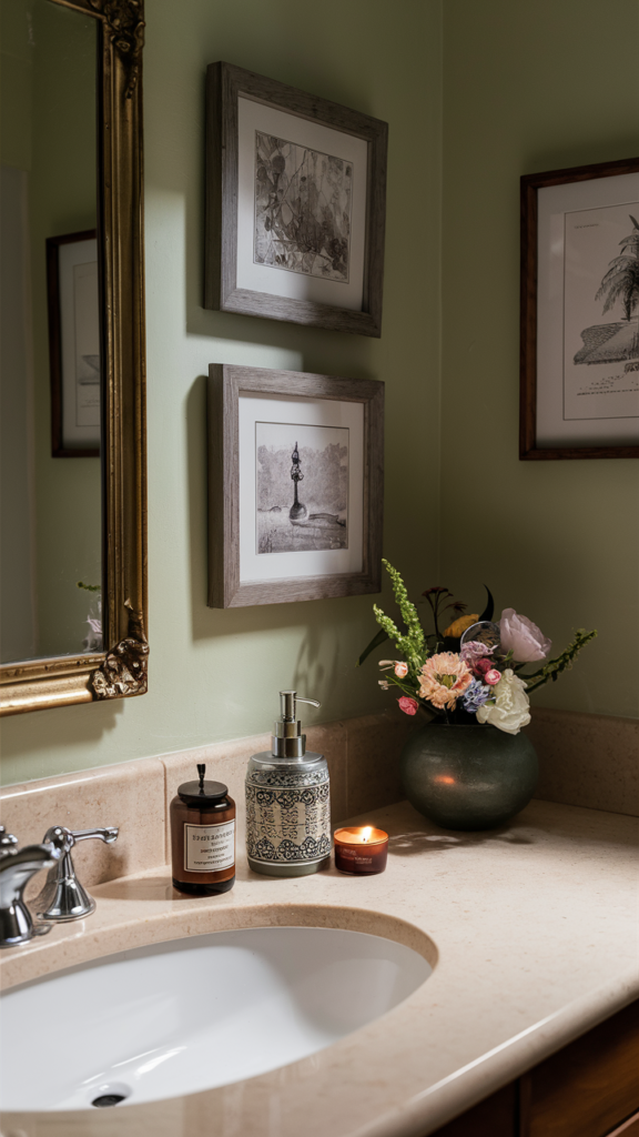 Cozy bathroom with framed art and scented candle personal touches