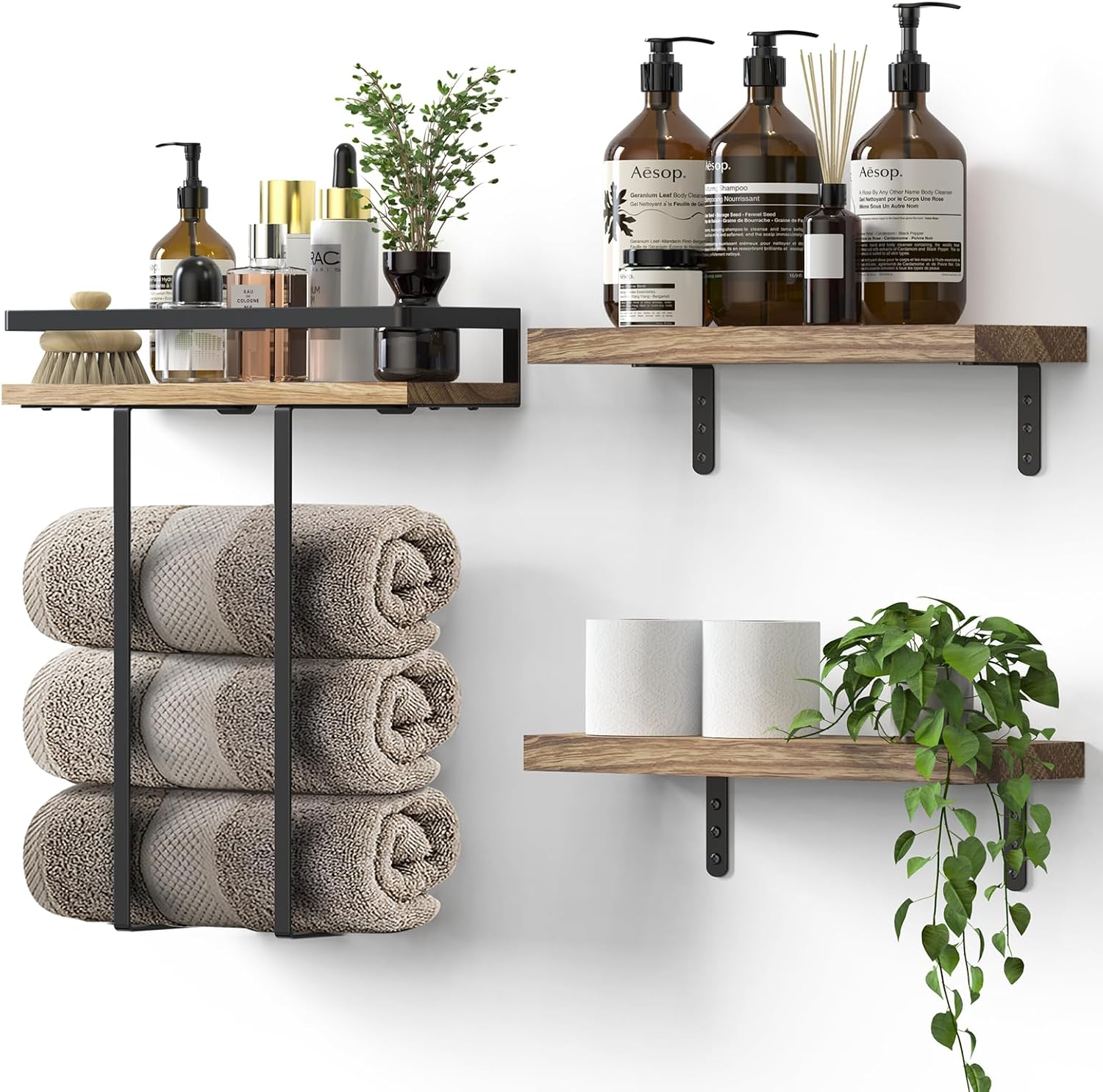 Towel Rack with Wall Mounted Bathroom Shelves, Set of 3, Solid Wood, Farmhouse