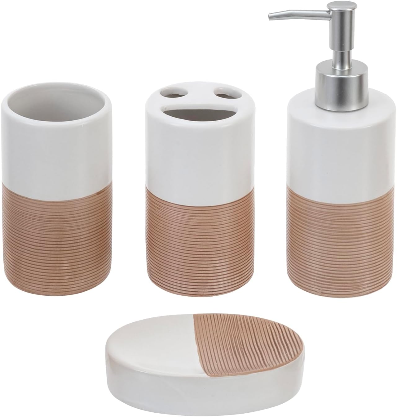 MyGift 4 Pcs Soap Dispenser and Toothbrush Holder Set, Ceramic Bathroom Accessories Set