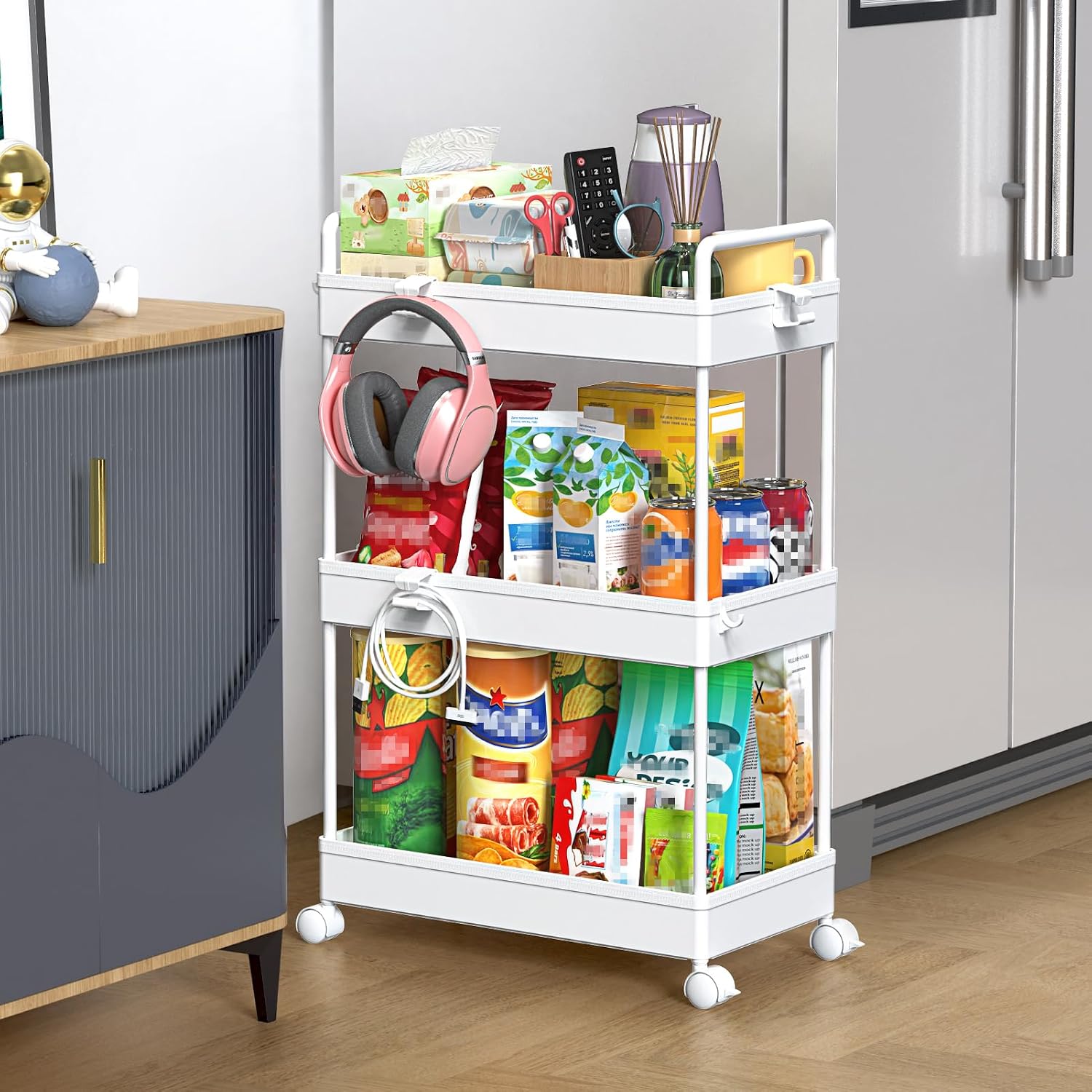SOLEJAZZ 3 Tier Slim Rolling Storage Cart Organizer with Wheels, White