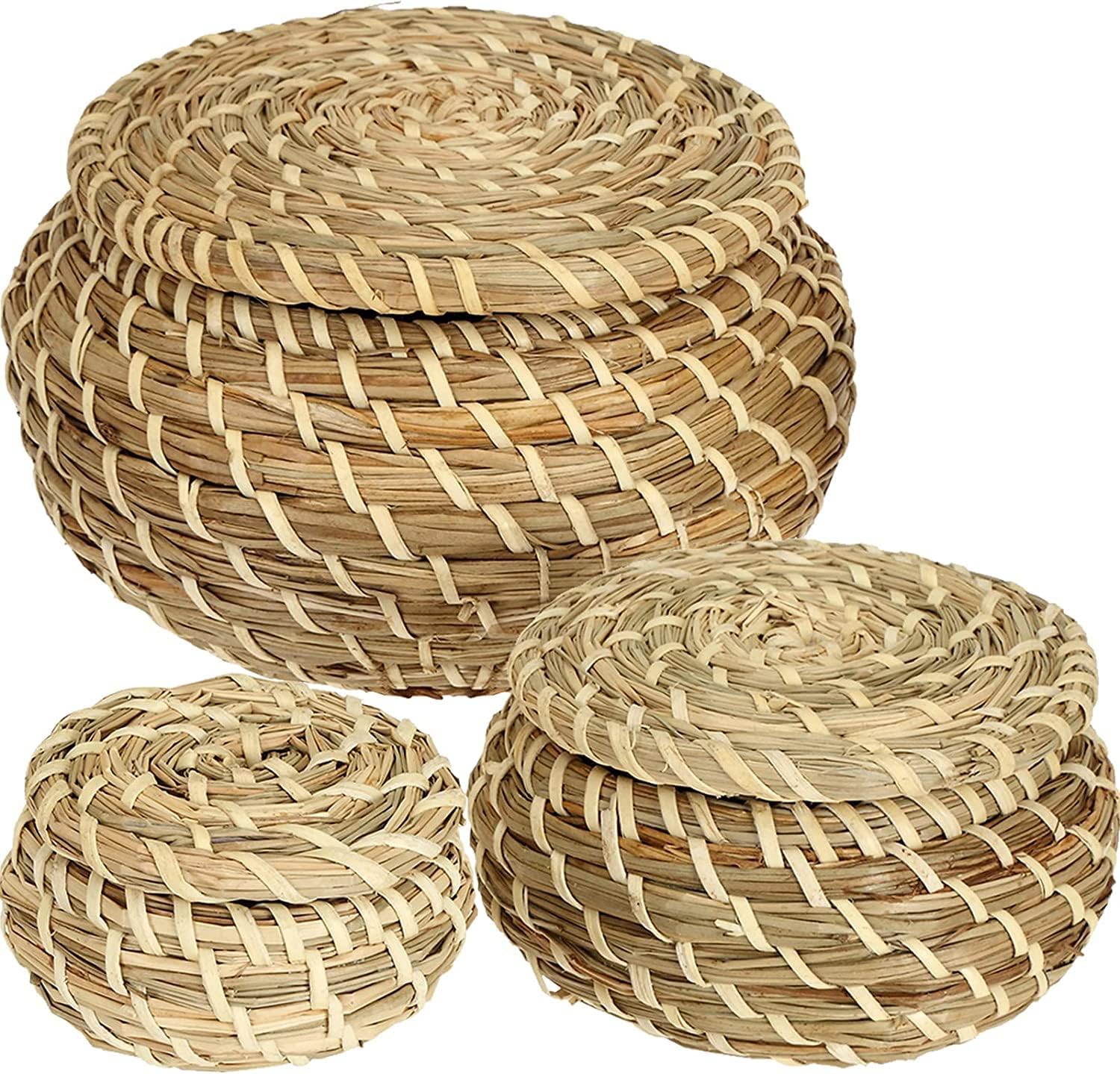 Dicunoy Set of 3 Small Wicker Basket with Lid, Round Woven Seagrass Baskets