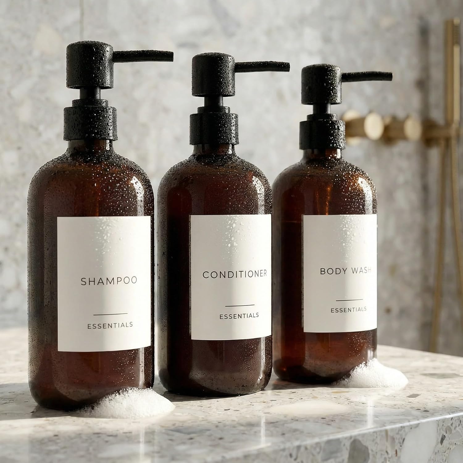 Stylish Shampoo & Conditioner Dispenser Set of 3, 21oz PET Bottles with Pump and Labels