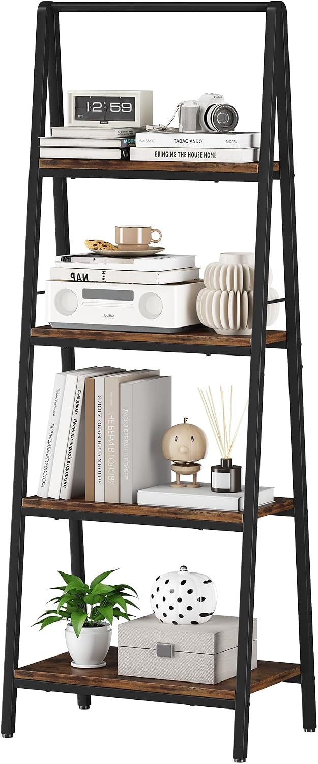 Homeiju Ladder Shelf, 4-Tier Leaning Ladder Bookshelf