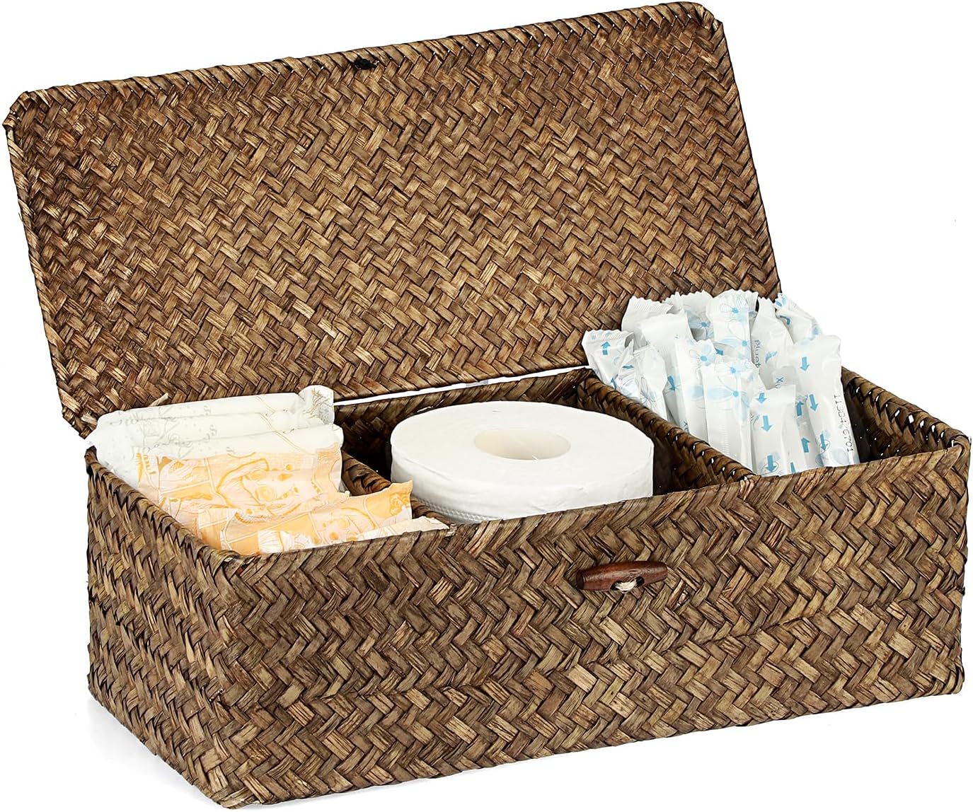 Sumnacon Seagrass Wicker Basket with Lid for Bathroom Shelf, Coffee