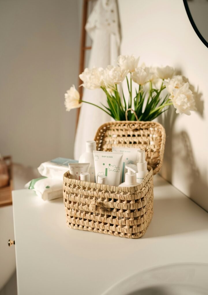Woven seagrass basket filled with travel-size toiletries on a bathroom counter beside a bouquet of white tulips