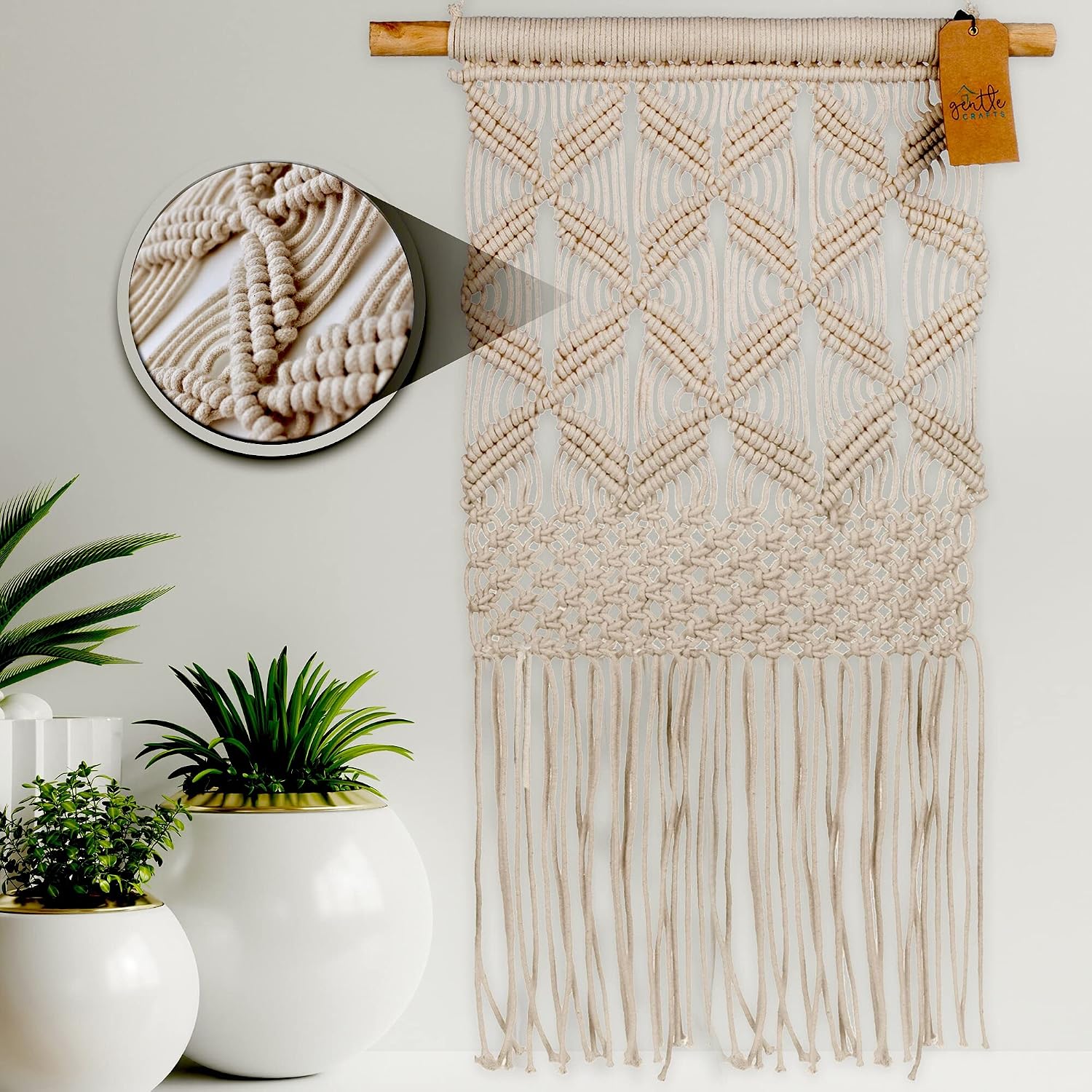Gentle Crafts Boho Macrame Hanging Wall Decor, Woven Cotton Rope Tapestry