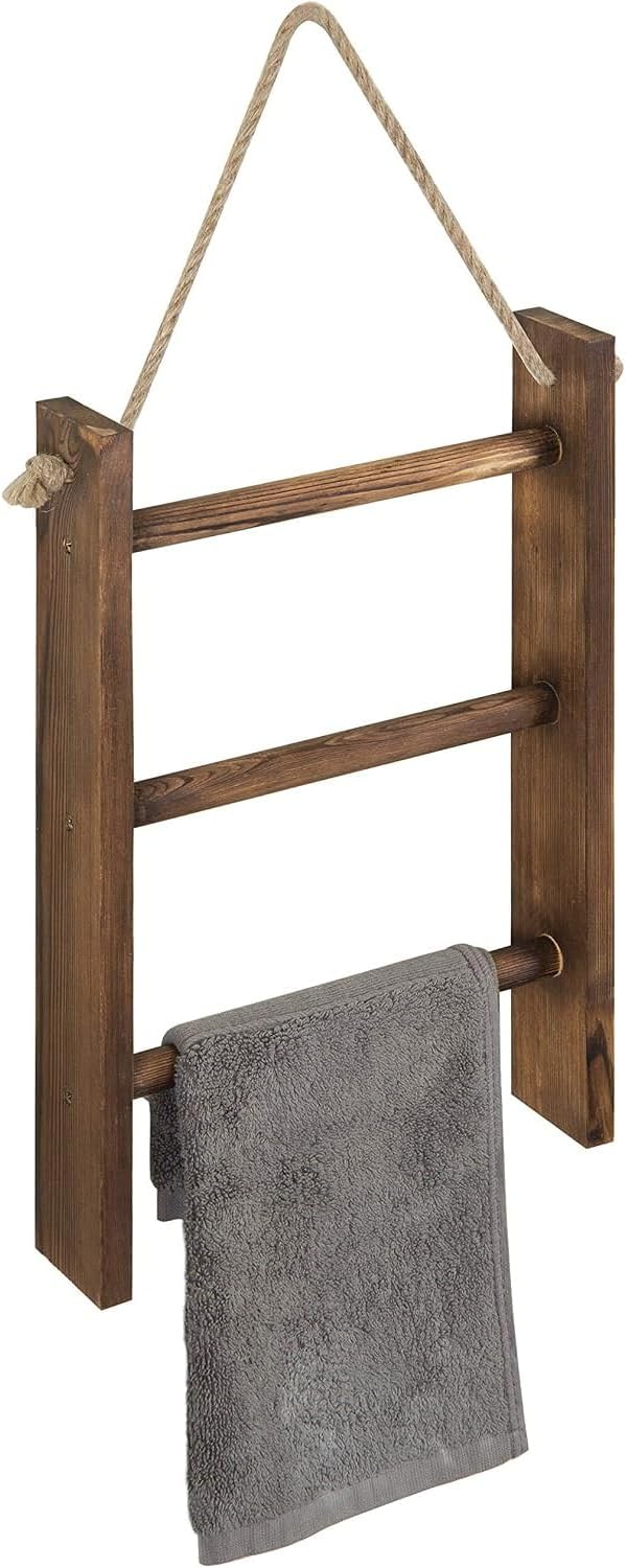 MyGift Dark Brown Wood Wall Mounted 3 Tier Hand Towel Ladder Rack