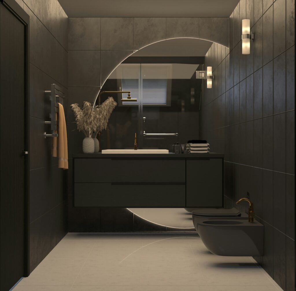 Decorative mirror adding dimension beyond the standard vanity placement
