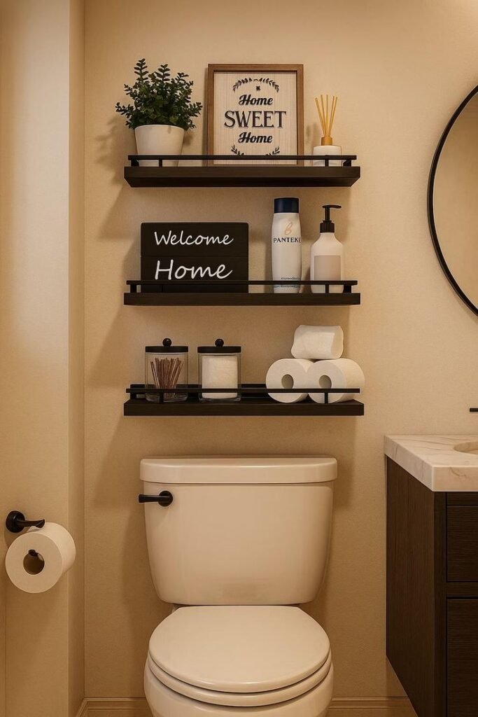 Floating shelves providing both storage and style in a bathroom