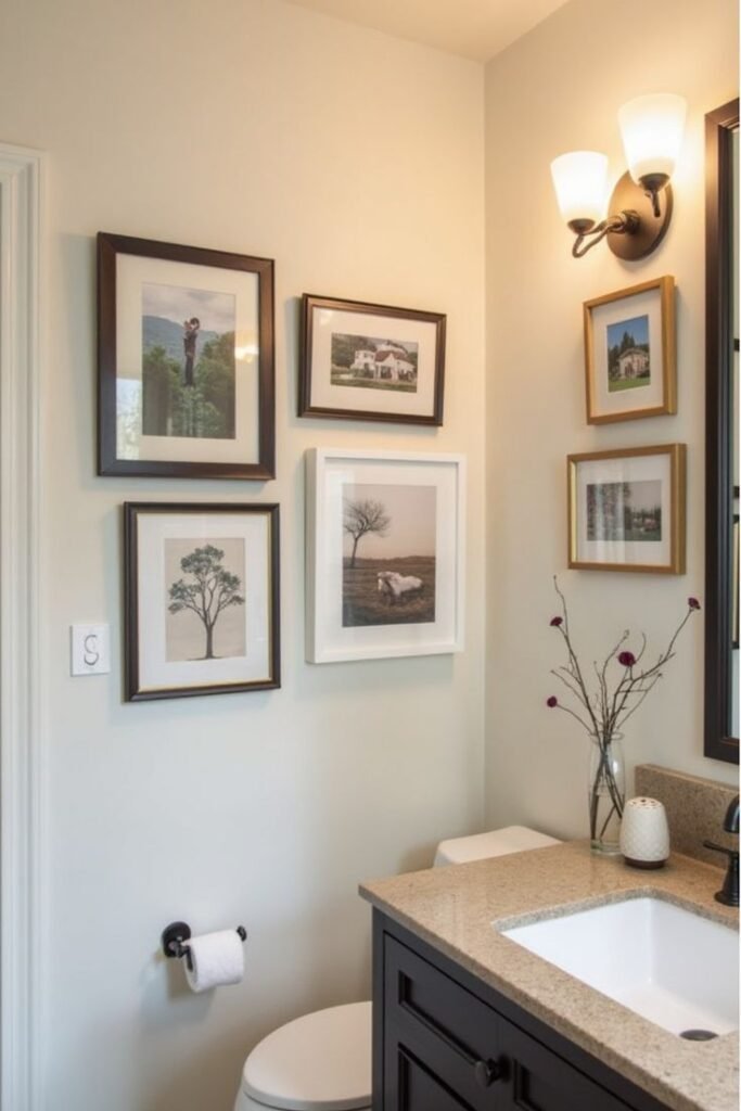 Gallery wall creating a personalized bathroom decor display