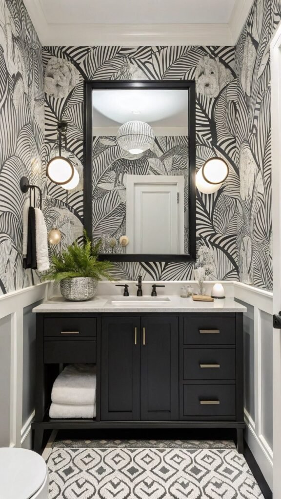 Statement wallpaper transforming a bathroom's boho-inspired atmosphere