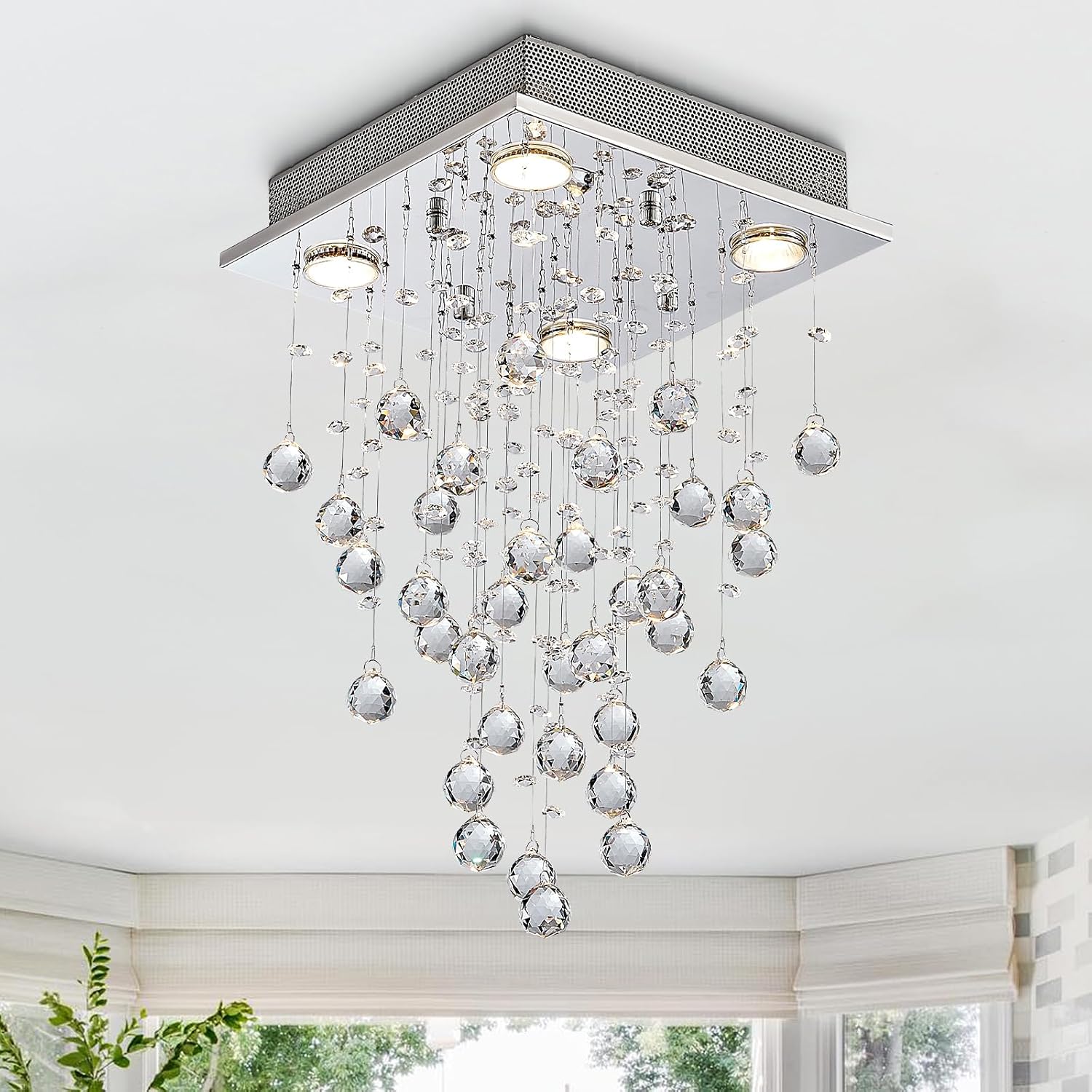 Bestier Chrome Modern Crystal Square Raindrop Chandelier Lighting Flush Mount LED Ceiling