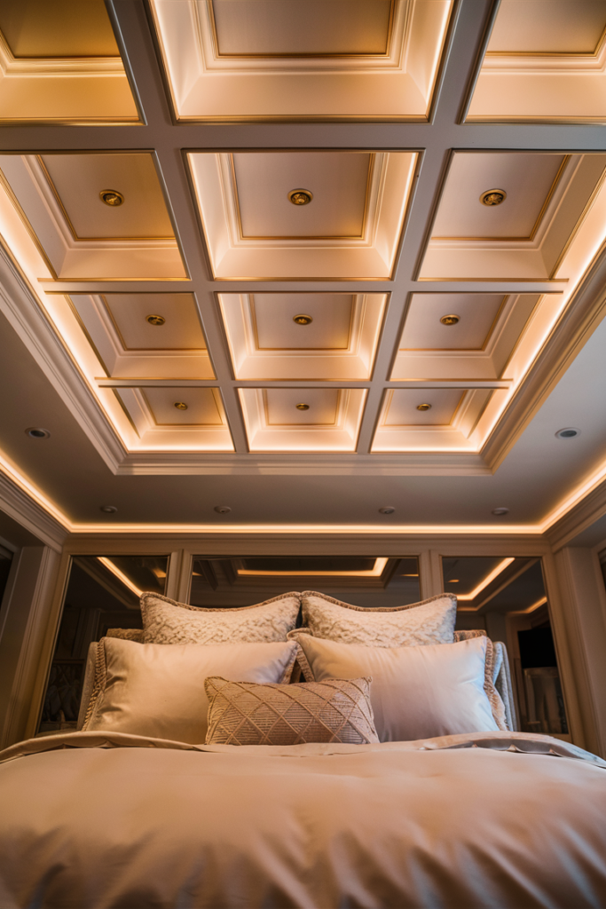 Gold-trimmed coffered ceiling with recessed square panels and warm under-panel lighting above a bed with layered neutral pillows
