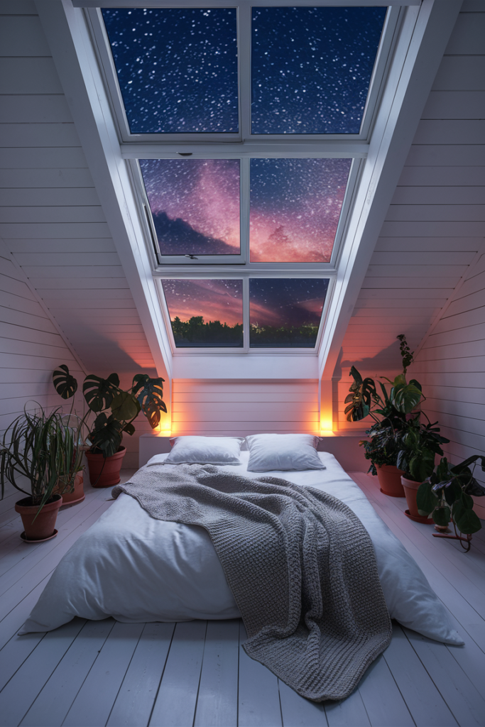 Slanted skylight window showing a starry night sky and colorful sunset above a low bed surrounded by potted plants