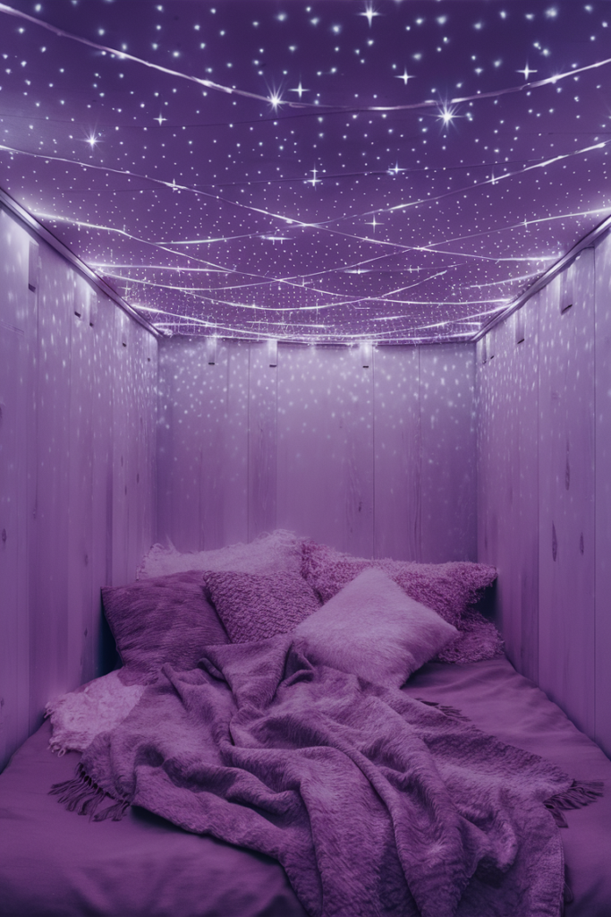 Cozy bed nook with a twinkling star-light ceiling installation glowing purple light across pillows and a draped throw