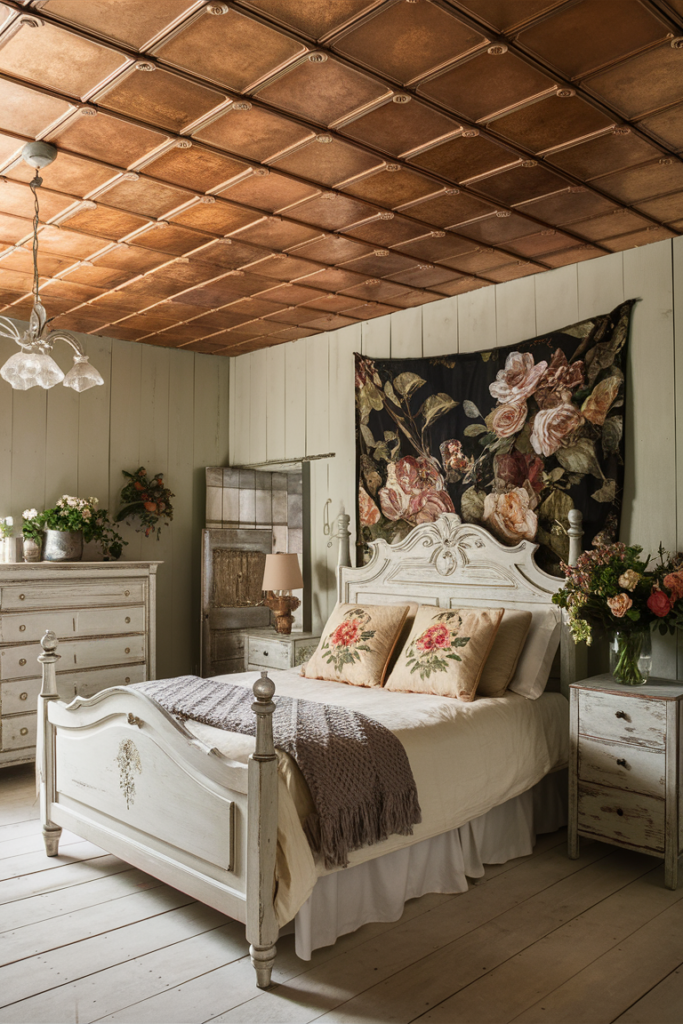 Vintage embossed copper tin tile ceiling above a cottage-style bedroom with a white antique bed and floral tapestry