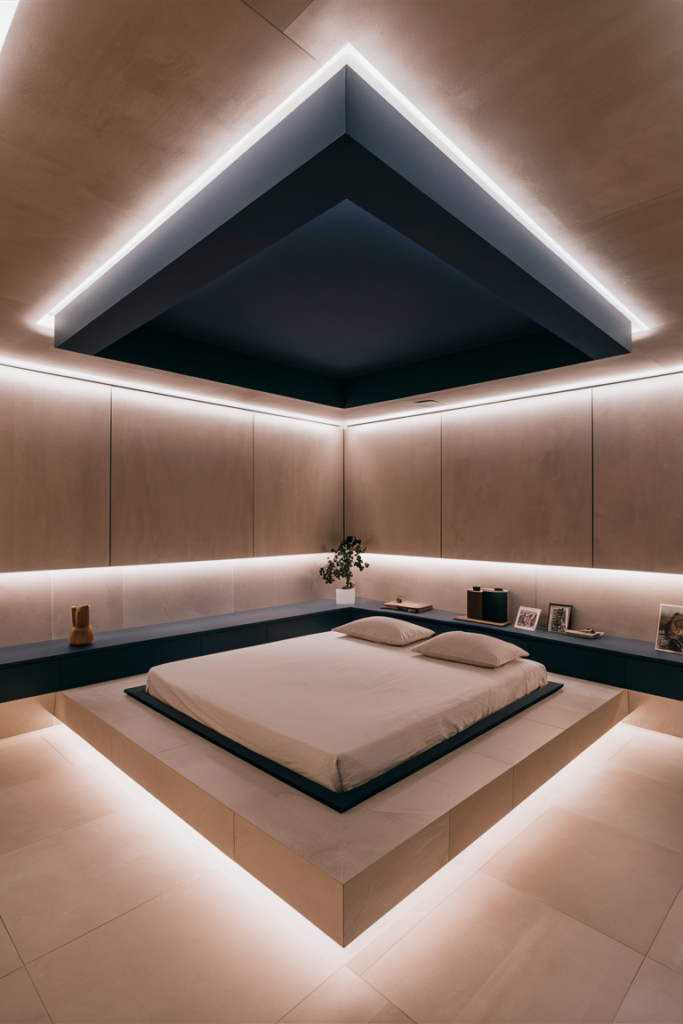 Dramatic angular dark tray ceiling with white LED edge lighting above a sunken platform bed in a minimalist bedroom