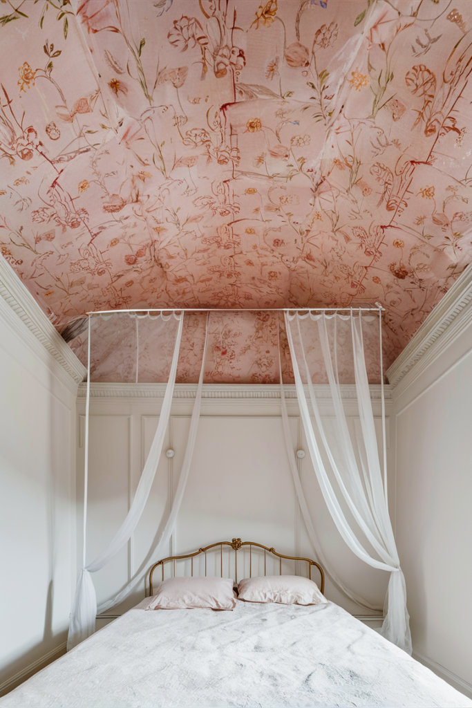 Pink floral wallpapered alcove ceiling above a canopy bed with sheer white curtains draped from a frame