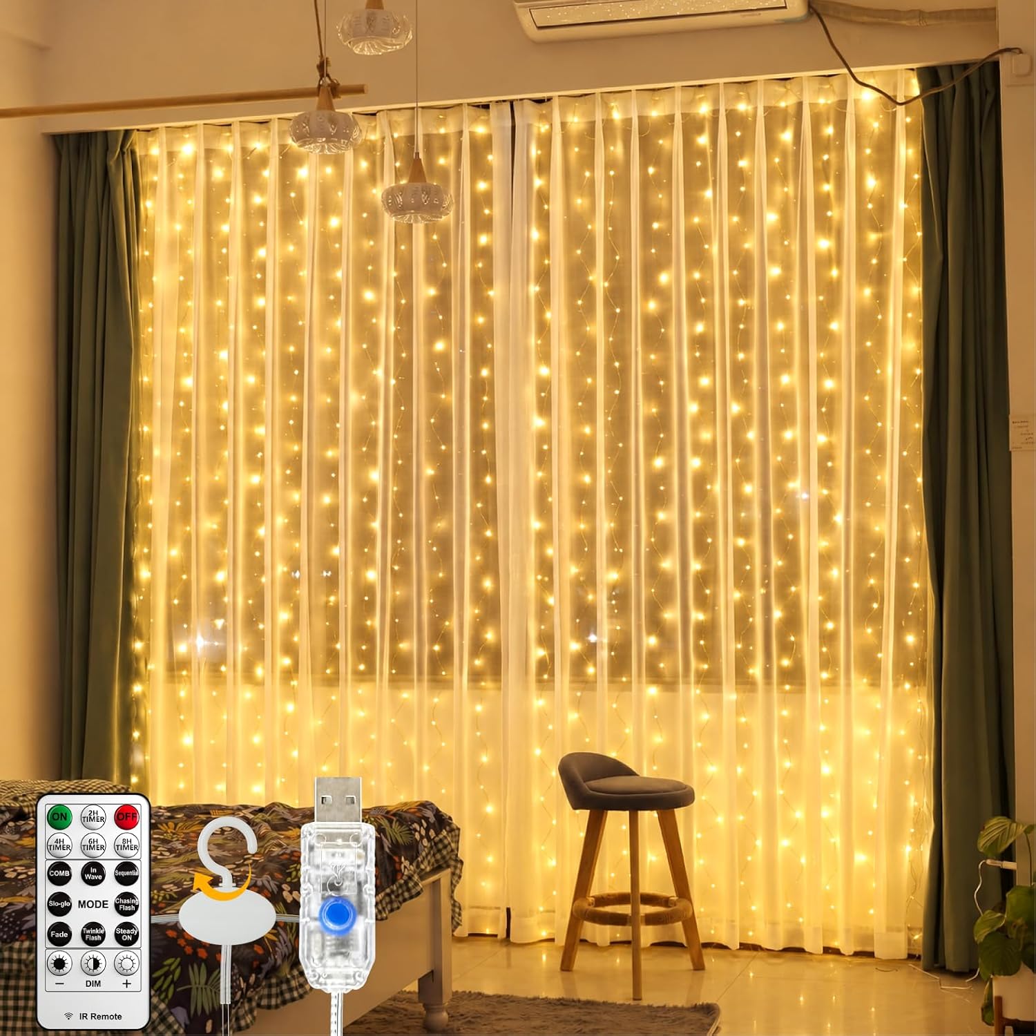 ZSJWL 300 LED Curtain Fairy Lights with Remote, 9.8 × 9.8 Ft, USB Plug in