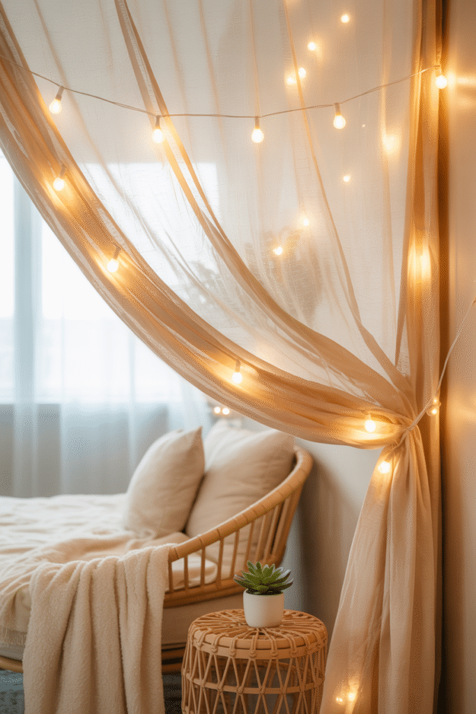 String fairy lights adding soft ambient glow to a bedroom