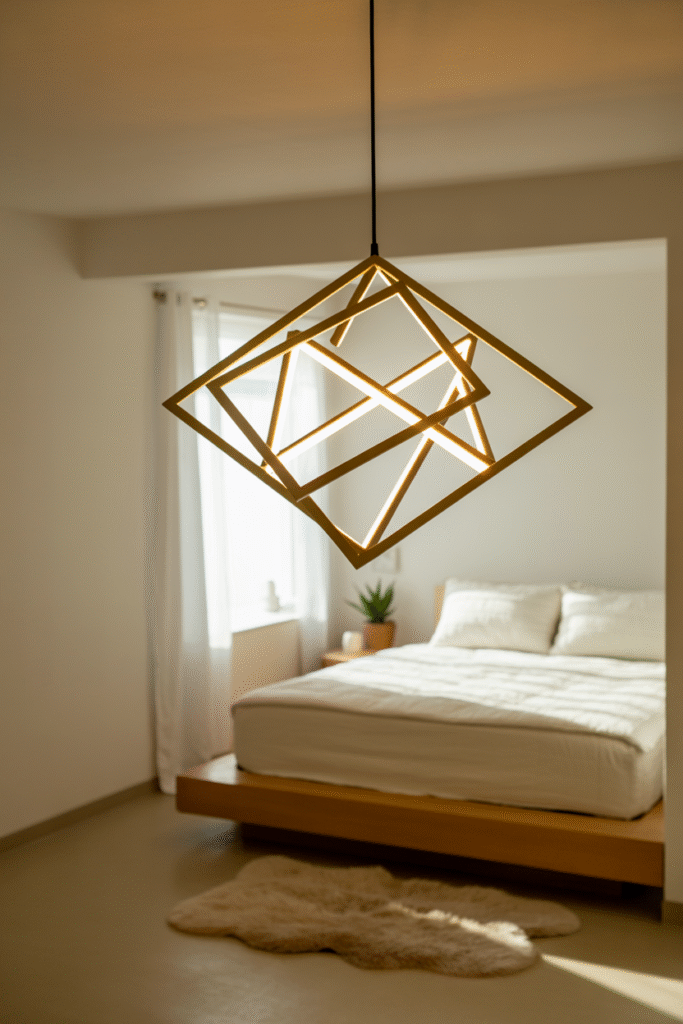 Statement light fixture serving as a bedroom's design centerpiece