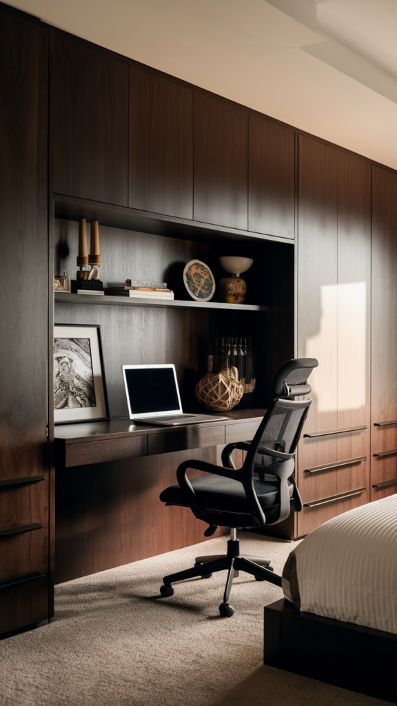 Stylish modern bedroom featuring a sleek built-in desk along the wall