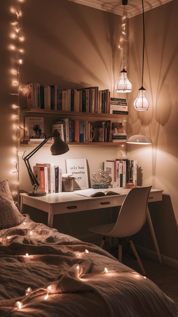 Warm and inviting bedroom workspace with layered lighting design