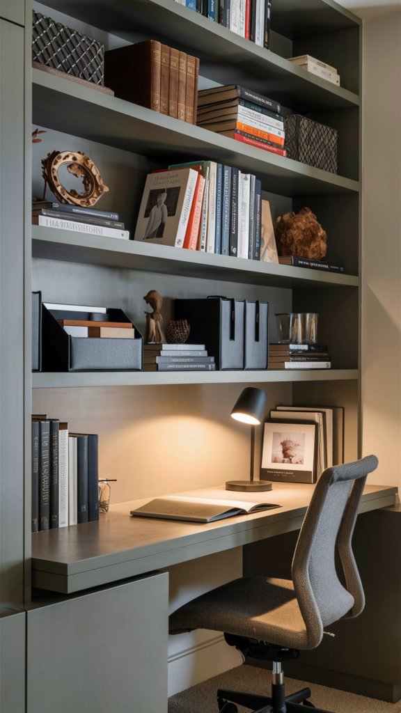 Beautifully designed home office setup with a slim desk and overhead storage