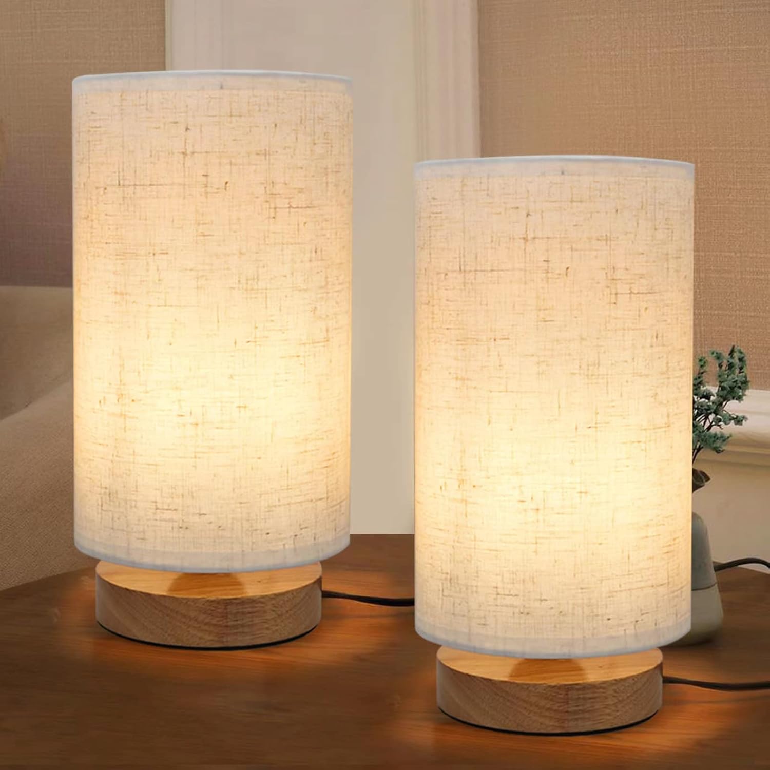 Minimalist Bedside Table Lamps Set of 2 with Round Linen Fabric Shades