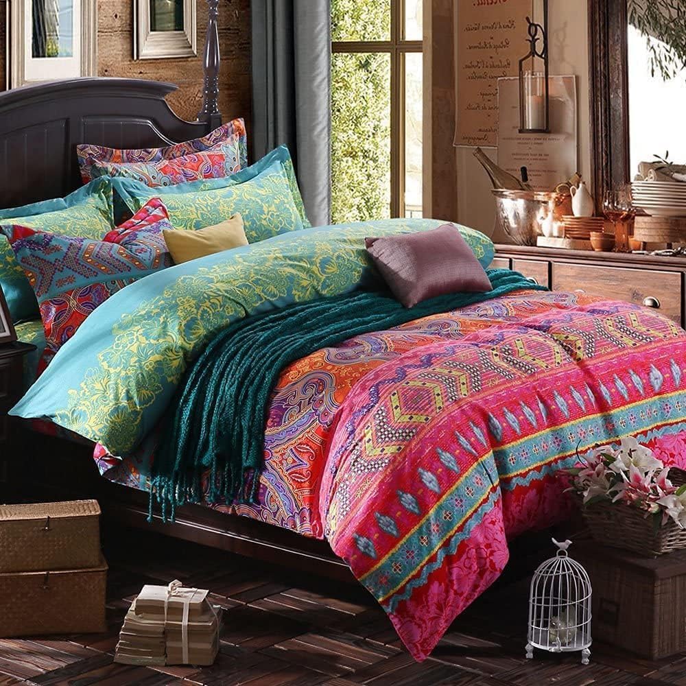 Boho Queen Duvet Cover Soft Cotton 3 Pieces Bedding Sets Queen Boho Exotic Colorful Chic