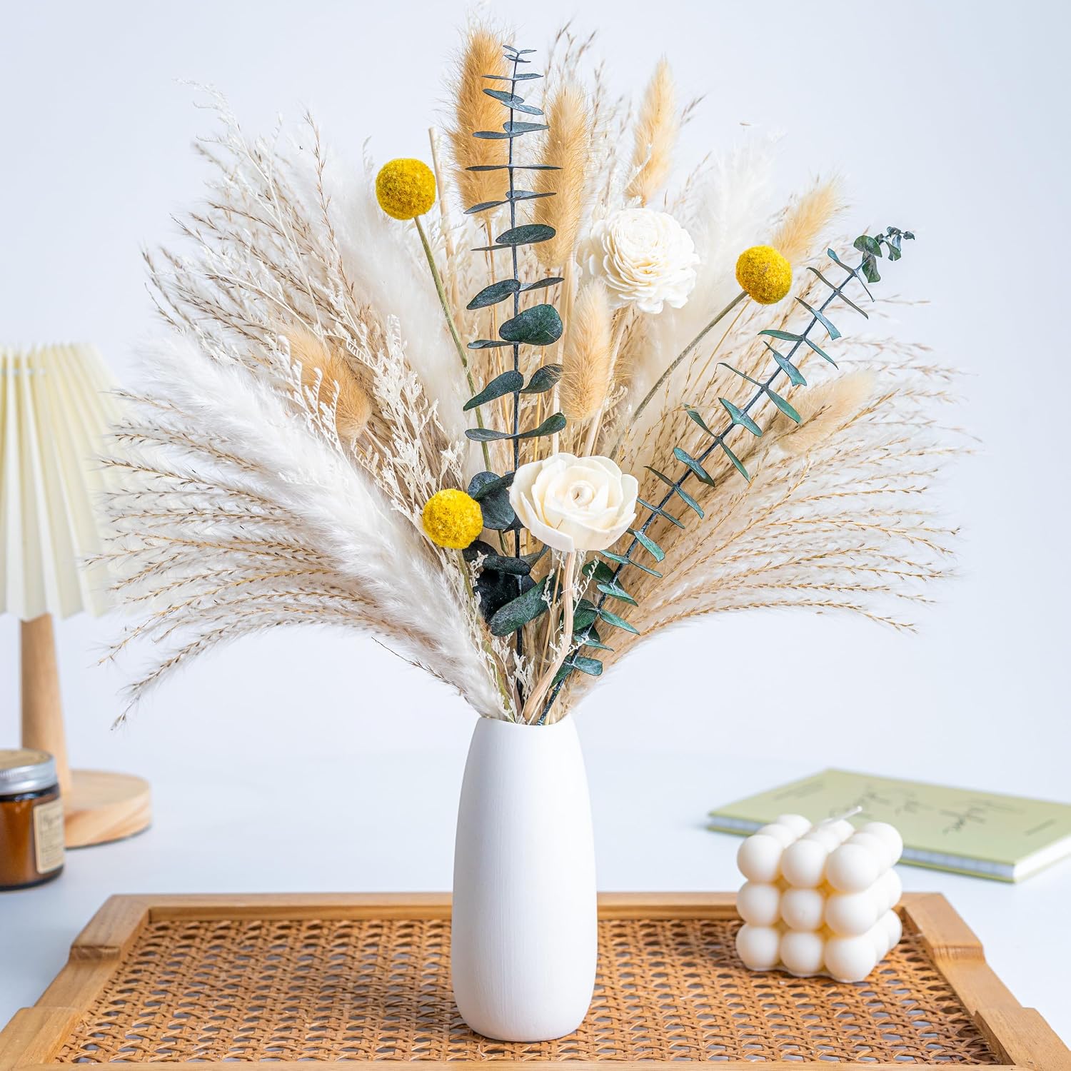Dried Flowers kit Reed Diffuser for Home Decor, White Ceramic Vase Included, Boho Decor
