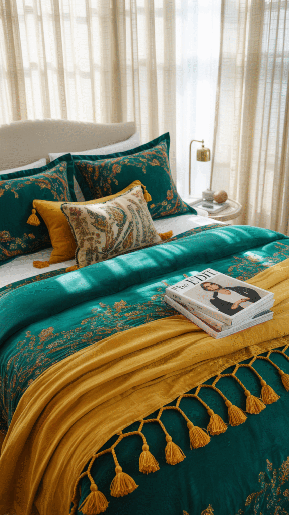 Bed styled with bold, colorful bedding and mixed pillow textures
