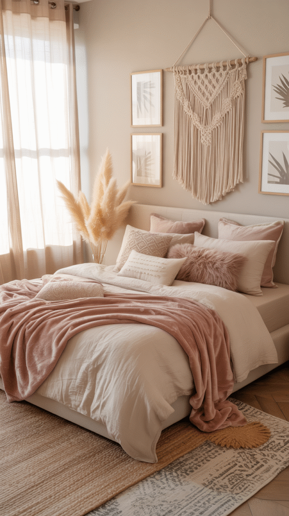 Bedroom styled with layered textures including knit throws and woven baskets