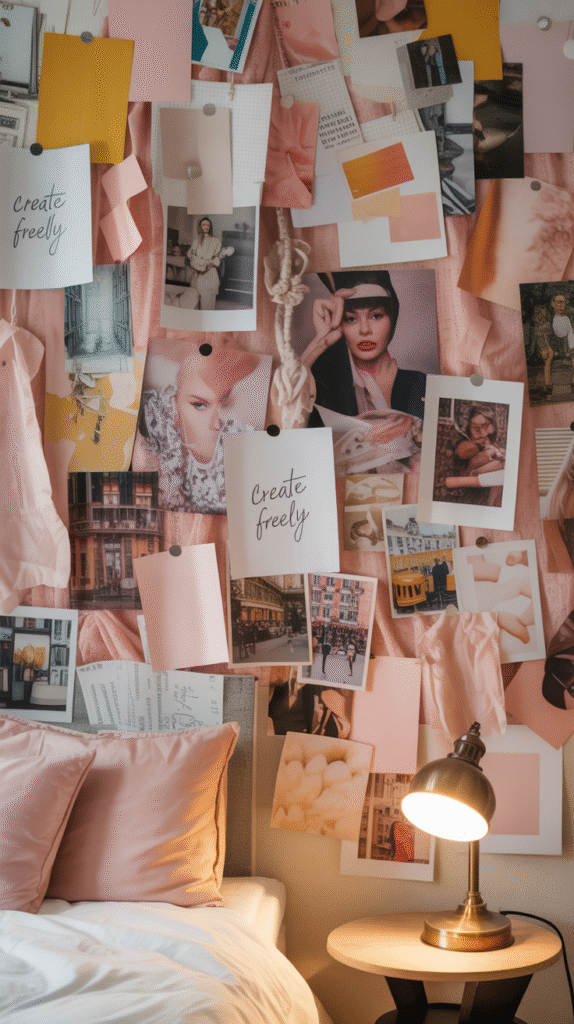 Bedroom featuring a curated mood board with fabric swatches and photos