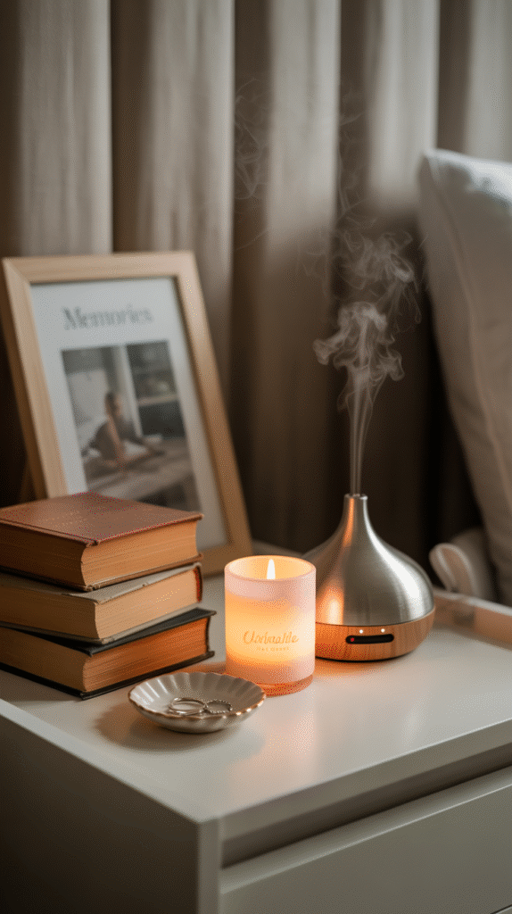 Nightstand styled with a lamp, books, and personal decorative objects