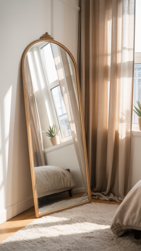 Bedroom with an oversized statement mirror leaned against the wall
