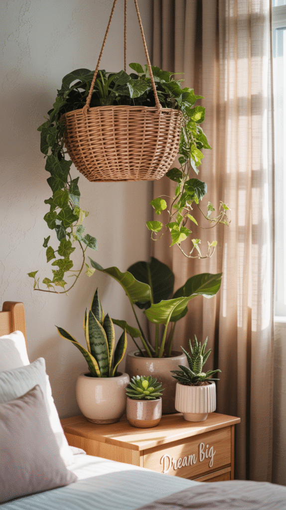 Bedroom decorated with various plants adding natural life and color