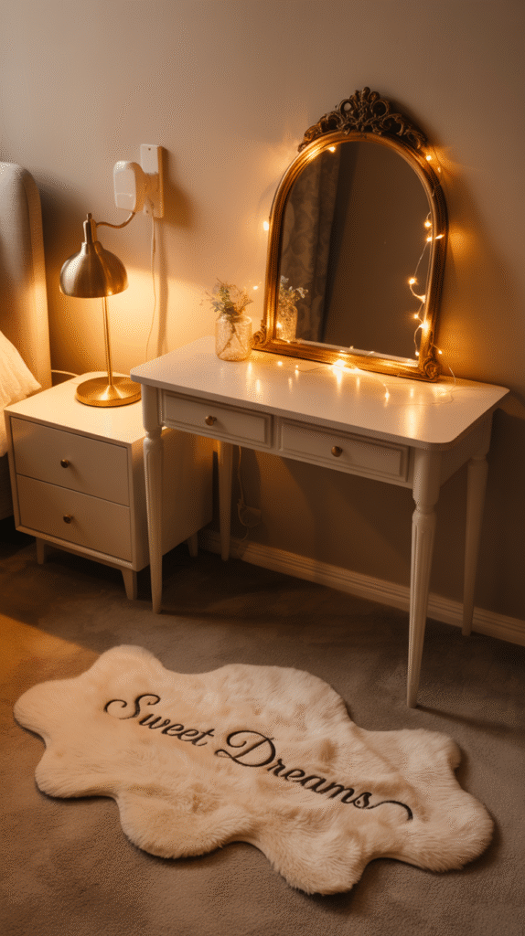 Bedroom illuminated with warm, soft fairy lights and ambient lamps