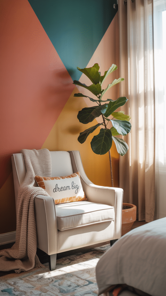 Bedroom featuring one bold statement wall with vibrant color or pattern