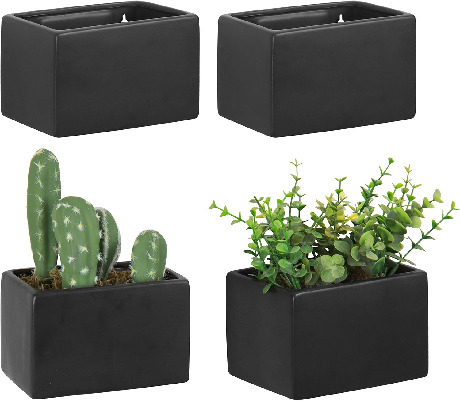 MyGift Modern Black Ceramic Hanging Planters, Wall Mounted Succulent & Herb Planter Box
