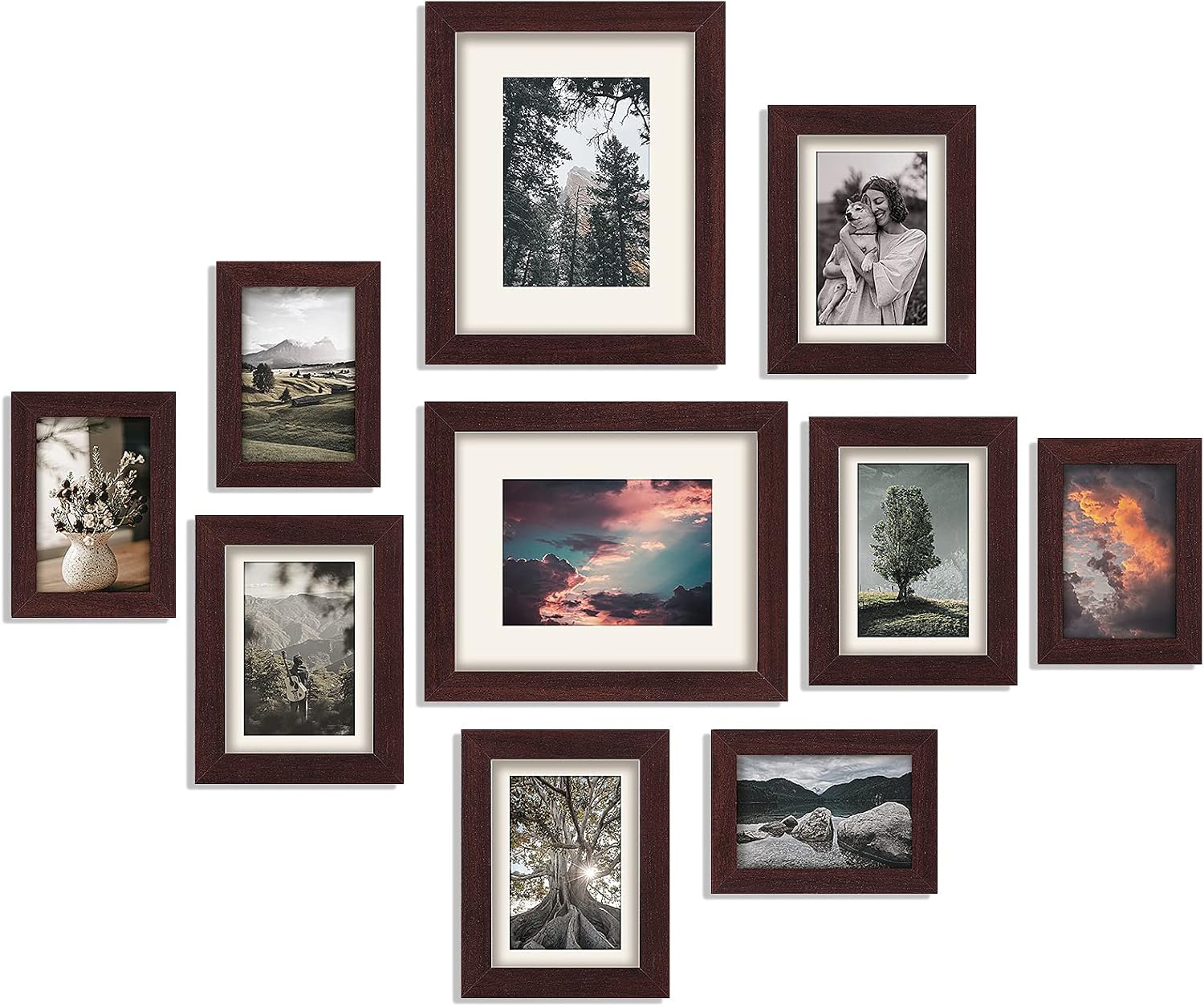 Rustic Wood Picture Frame Set, 10 Variety Pack with Real Glass and Mats