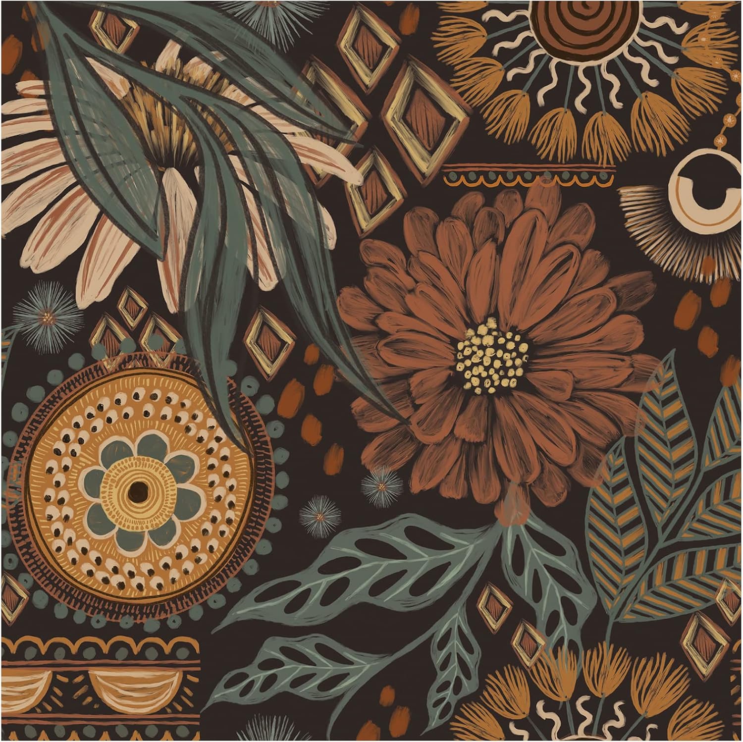 HAOKHOME Boho Floral Peel and Stick Wallpaper, Brown/Peach/Green Retro