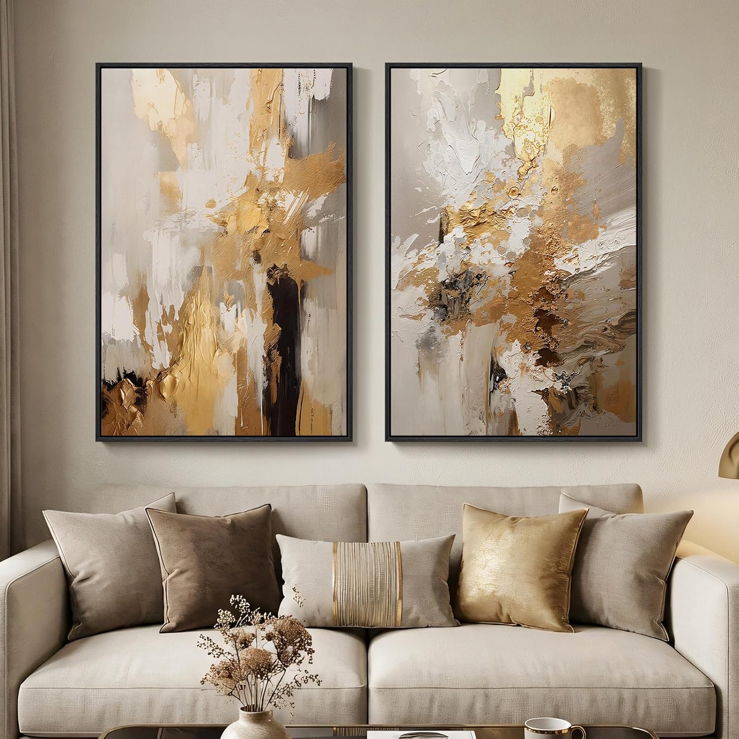 Framed Modern Luxury Brown Gold Abstract Wall Art for Living Room, 24x36 In